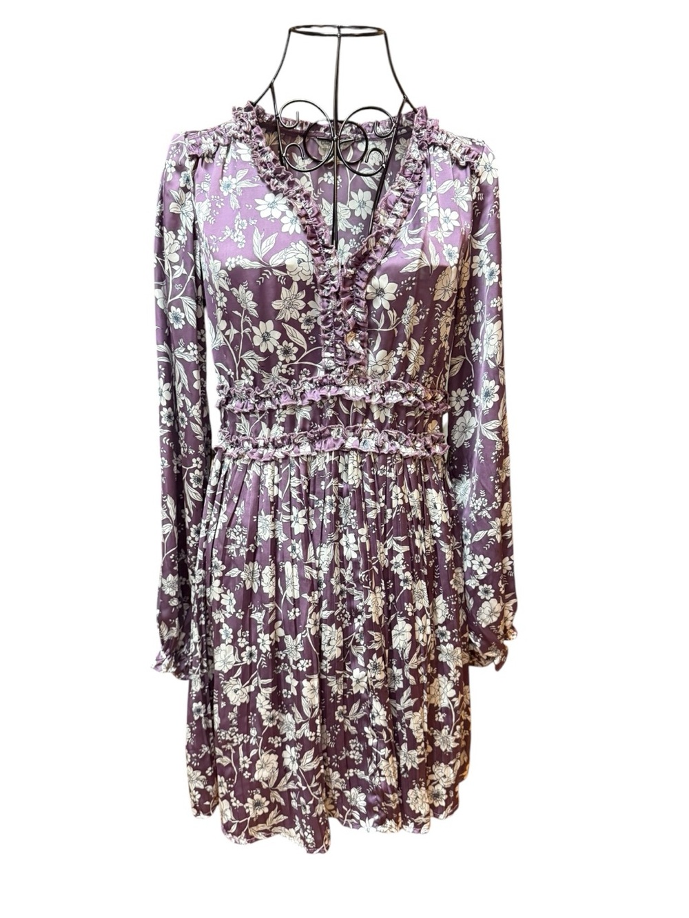 Cato Purple Boho Floral Ruffle Long Sleeve Peasant Mini Dress Small